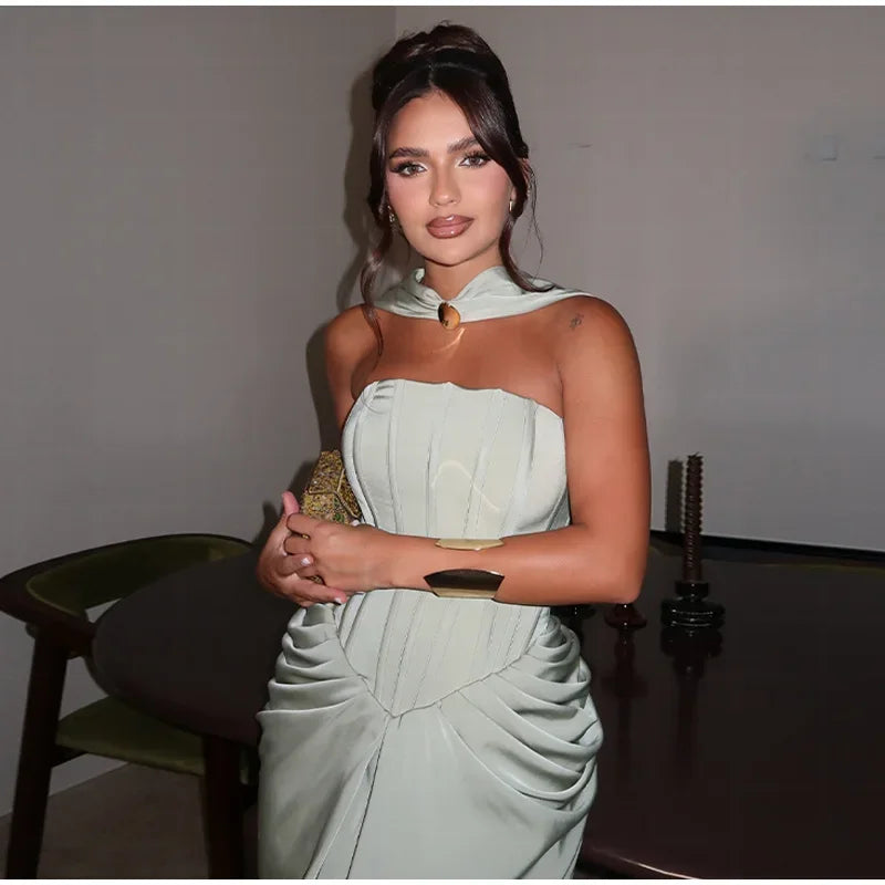 Elegant Long Dress Women Strapless Sleeveless Scarf High Waist Vestidos Female 2025 Spring Summer New Chic Lady Evening Dresses