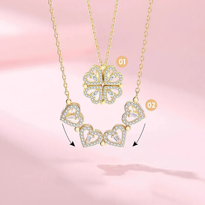 1pc Heart Shaped Four Leaf Clover Pendant Necklace Jewelry Zircon Women Love Clavicle Chain Gifts Openable ChokerJewelry