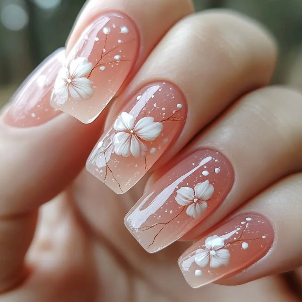 24pcs Blush Pink Press On Nails White French Style Short Square False Nail Tips Camellia Flower Design Sweet Cool Fake Nail Tips