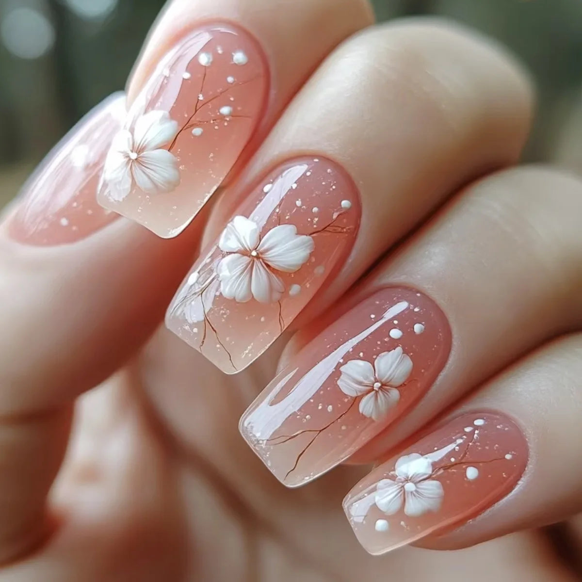 24pcs Blush Pink Press On Nails White French Style Short Square False Nail Tips Camellia Flower Design Sweet Cool Fake Nail Tips