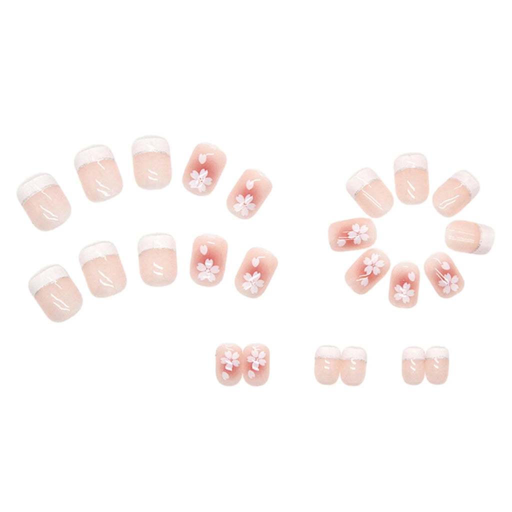 24pcs Blush Pink Press On Nails White French Style Short Square False Nail Tips Camellia Flower Design Sweet Cool Fake Nail Tips