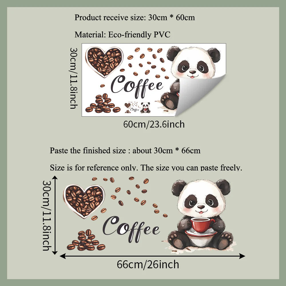 Cartoon Panda Drinking Coffee Wall Sticker Living Room Kitchen Background Decoration Mural Cafe Home Decor Self-adhesive Decals