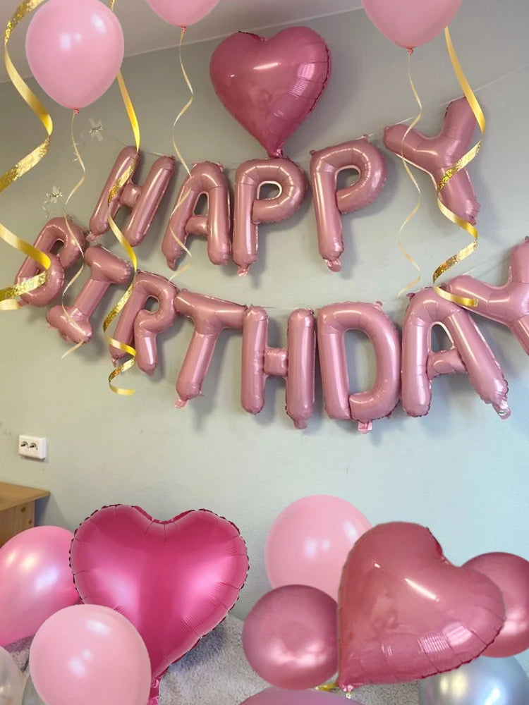 49pcs 16 inch pink happy birthday letter love aluminum film balloon set suitable for birthday party baby shower decoration