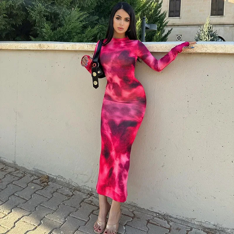 Women's Summer Long Dress Elegant O Neck Long Sleeve Evening Dress Women Fashion Tie-dye Street Vacation Party Club Long Dresses