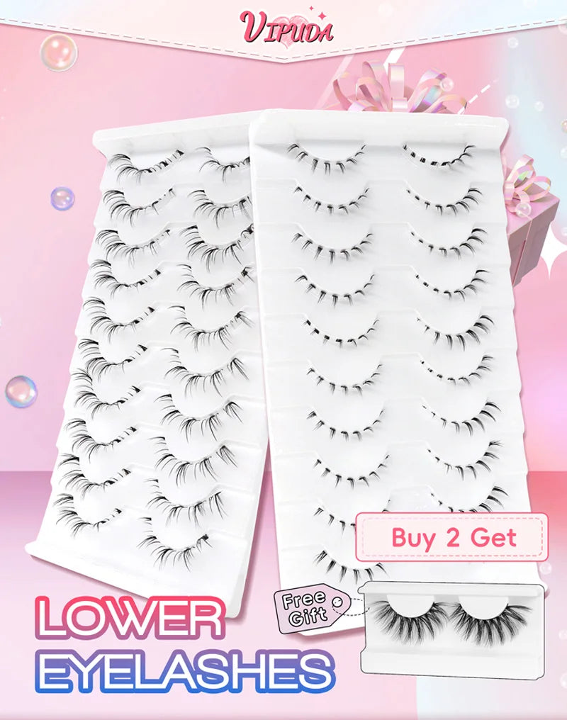 10Pairs Lower Eyelashes Pack Under Eye Lashes Soft Lower Eyelashes 100% Handmade Clear Band Manga Bottom Lashes Makeup Tools