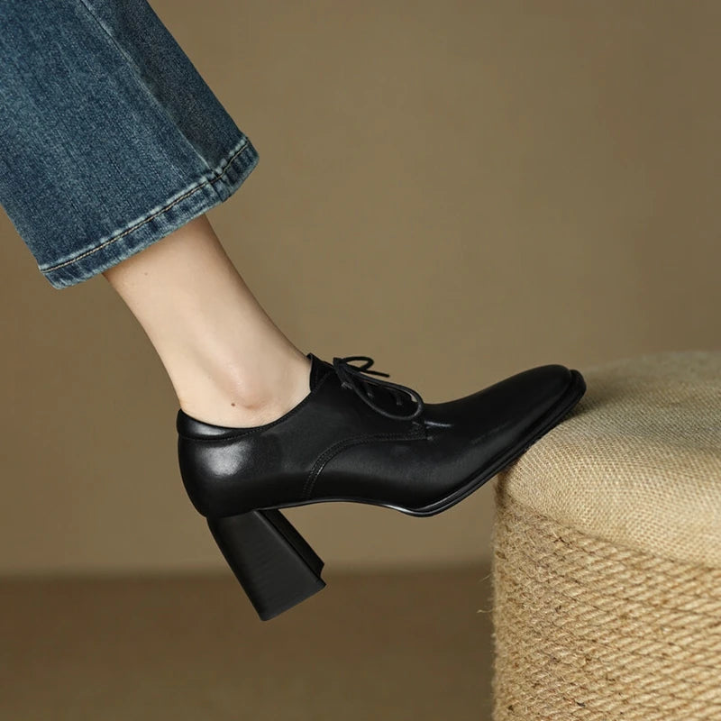 NEW Spring/Autumn Women Loafers Square Toe High heels Split Leather Chunky Heel Pumps Women Plus Size Retro Lace Up Black Shoes