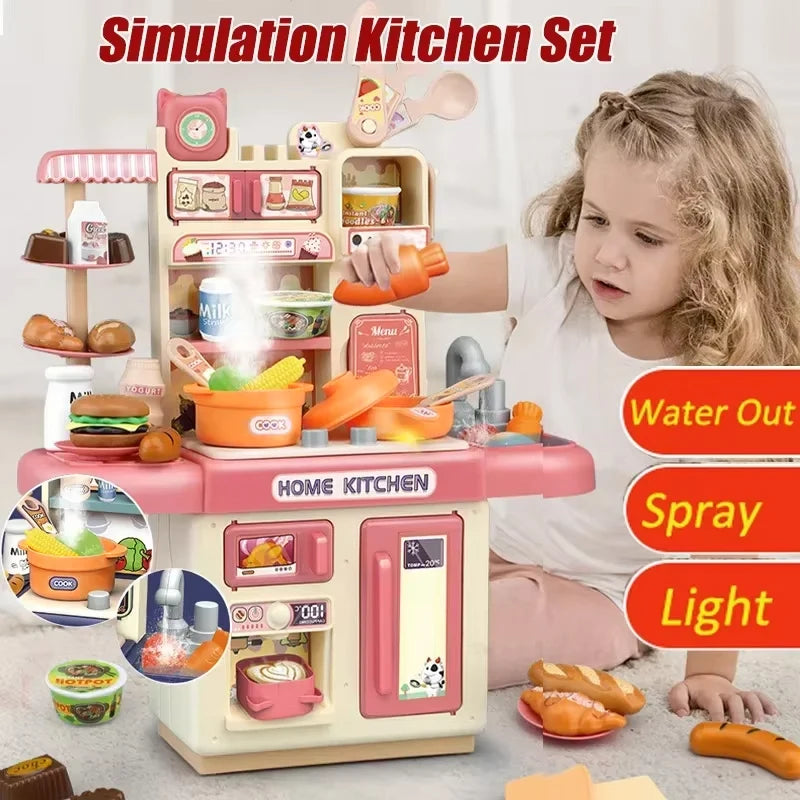 Kids Kitchen Play Set Water Spray Light Sound Electronic Stove Simulated Cooking Dining Table House Play Toy Gifts for Girls Boy