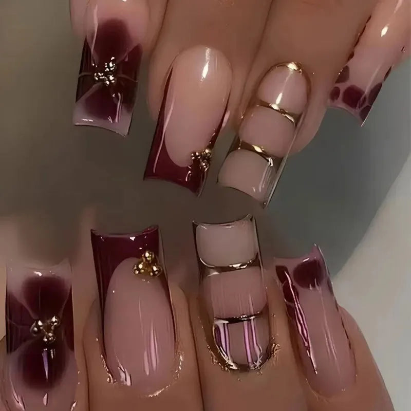 24Pcs Retro Flower Long Coffin French Fake Nails Caviar Bead Floral Gold Hollow Design Press On Nail Tips Y2k Acrylic 2030
