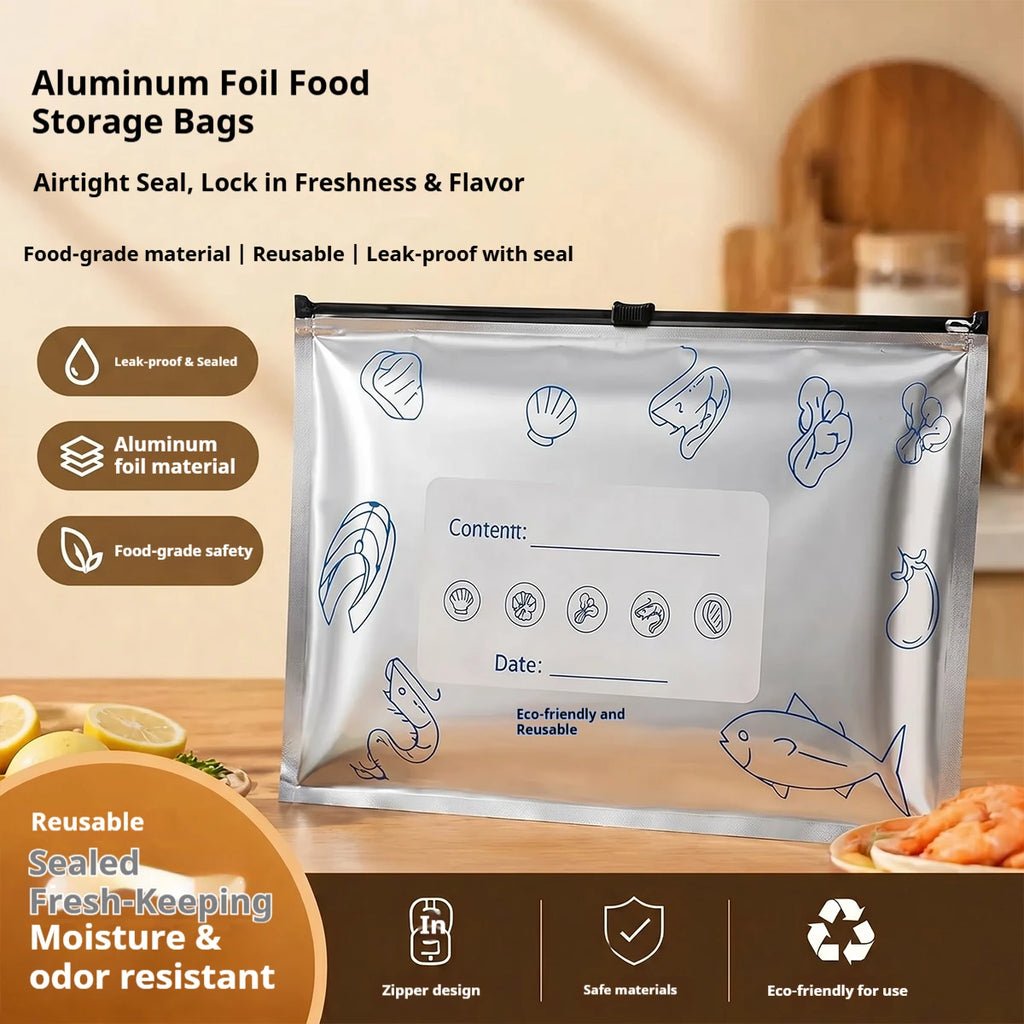 60pcs Aluminum Foil Food Sealable Storage Bags, Freezer Bags, Up Sealable Bags with Label And Zip Lock, Zip Seal Food Bags