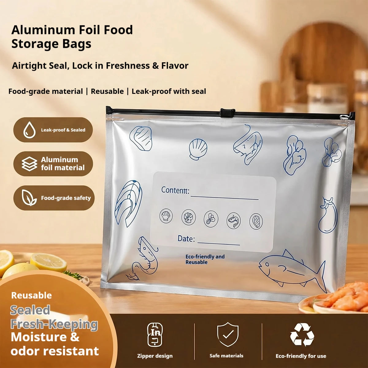 60pcs Aluminum Foil Food Sealable Storage Bags, Freezer Bags, Up Sealable Bags with Label And Zip Lock, Zip Seal Food Bags
