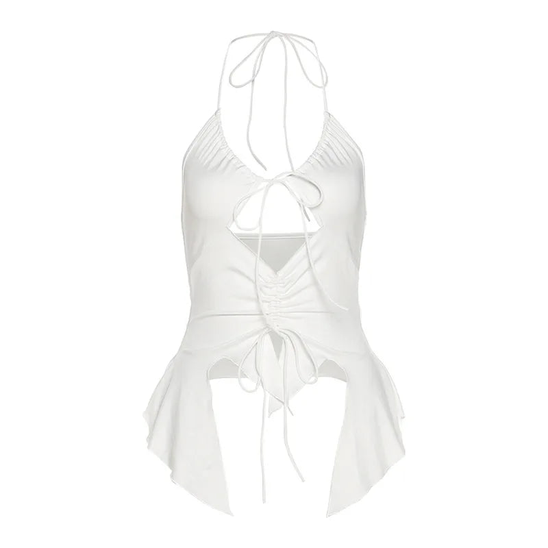 Gothic 21 Style Sexy Vintage Strappy Y2K Halter Crop Top Women Summer  Backless Cami  Ruffles Fashion Solid color Camisole Party