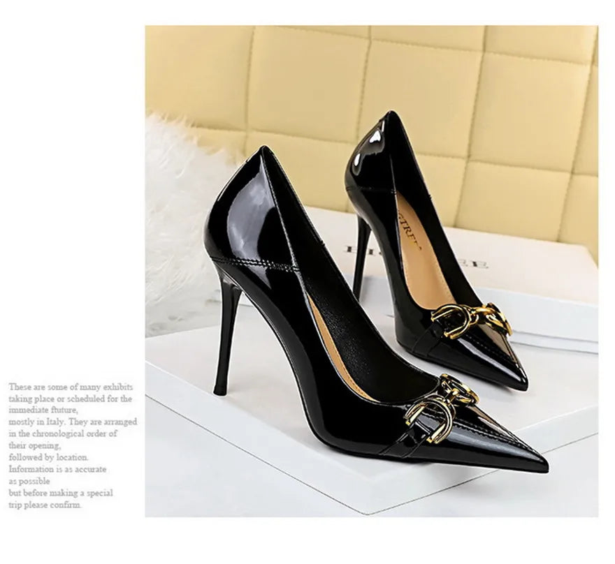 Red White Metal Buckle Wedding Shoes Women 2026 New Patent Leather Shallow High Heels Pumps Fashion Pointy Toe Party Shoes Woman