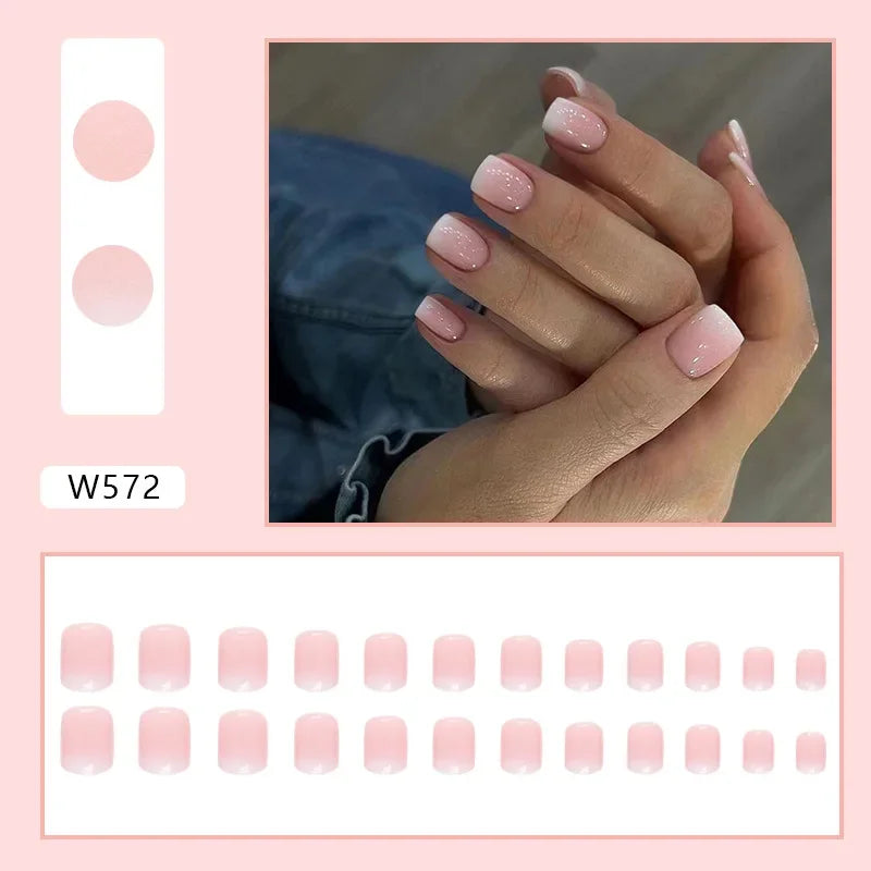 New Short Ballet 24 Pcs Fake Nail with Jelly sticker Press on False Nails Wearable Round Head Oval Full Cover Nail Tips