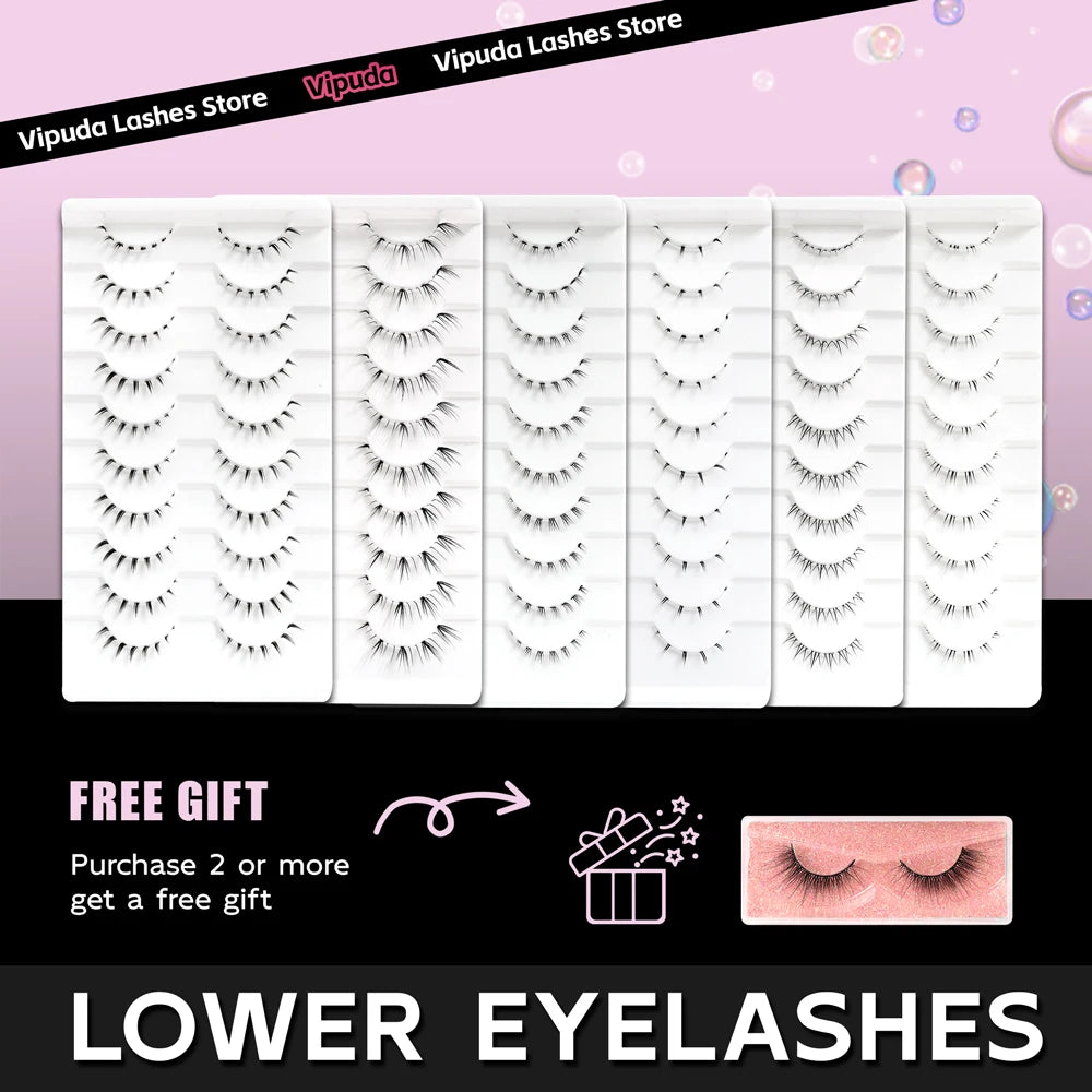 10Pairs Lower Eyelashes Pack Under Eye Lashes Soft Lower Eyelashes 100% Handmade Clear Band Manga Bottom Lashes Makeup Tools