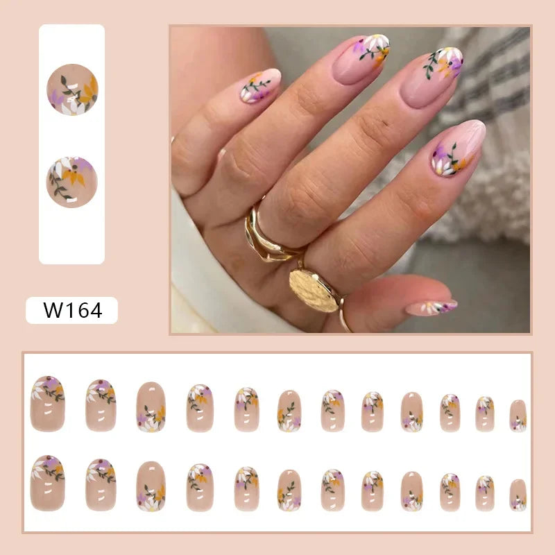 New Short Ballet 24 Pcs Fake Nail with Jelly sticker Press on False Nails Wearable Round Head Oval Full Cover Nail Tips