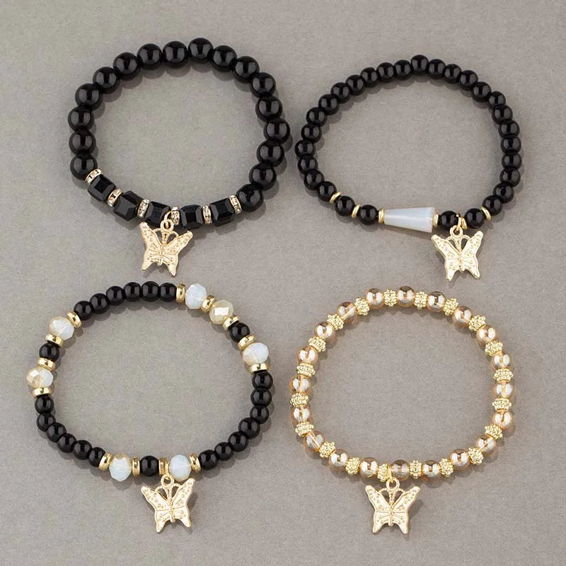 4Pcs Bohemian Butterfly Charm Bracelet Set For Women Crystal Beads Chain Bangle Female Fashion Party Jewelry Gift