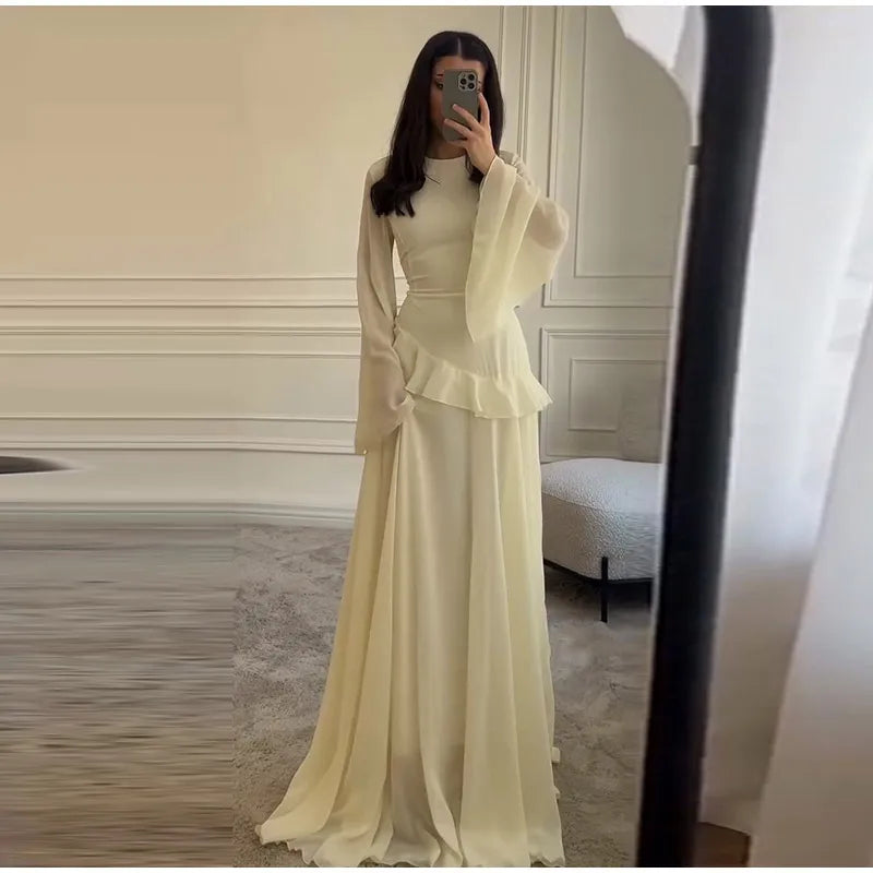 Fashion Flare Sleeve Ruff Long Dress Women Solid O-neck High Waist Slim Pleated Maxi Dresses 2025 Lady Summer Chic Party Robes