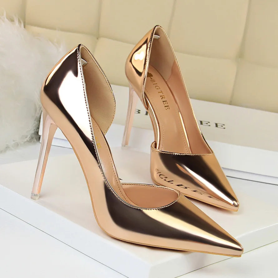 Women 10.5cm High Heels Pumps Lady Stripper Stiletto Metallic Leather Scarpins Wedding Heels Catwalk Party Silver Gold Shoes
