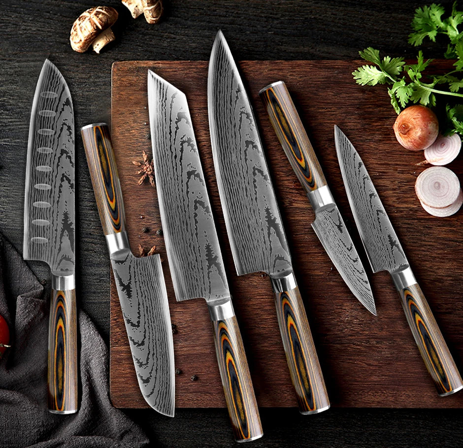 Kitchen Knife Chef Knives Japanese 7CR17 440C High Carbon Stainless Steel Imitation Damascus Sanding Laser Knife