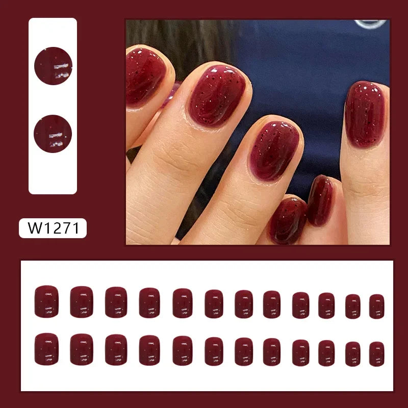 New Short Ballet 24 Pcs Fake Nail with Jelly sticker Press on False Nails Wearable Round Head Oval Full Cover Nail Tips