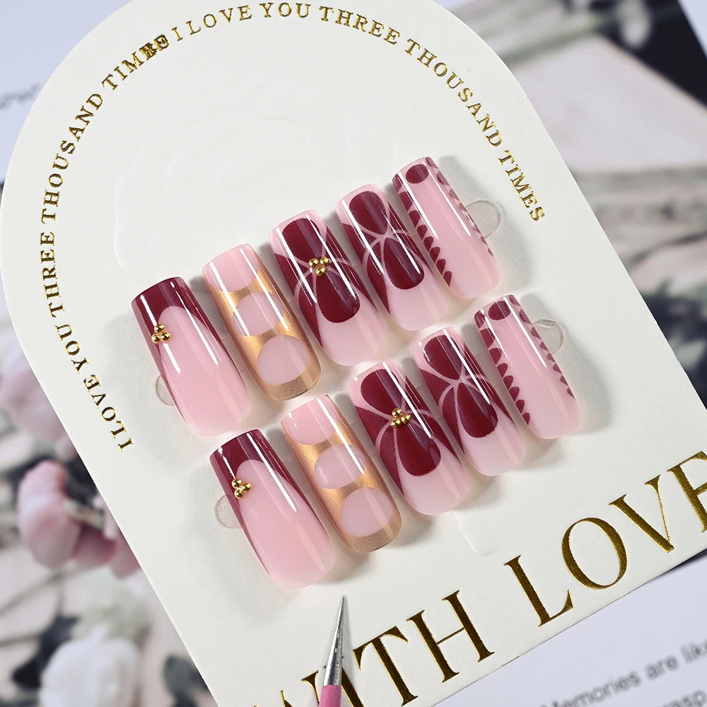 24Pcs Retro Flower Long Coffin French Fake Nails Caviar Bead Floral Gold Hollow Design Press On Nail Tips Y2k Acrylic 2030