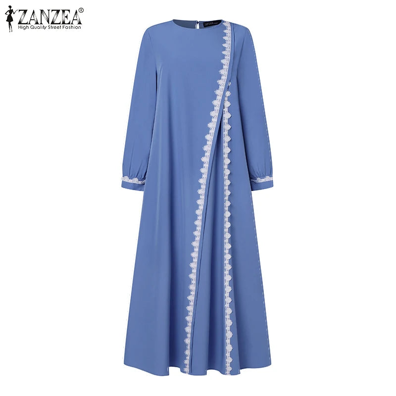 ZANZEA Autumn Women Long Sleeve O Neck Muslim Maxi Dress Kaftan Elegant Lace Crochet Loose Turkey Abaya Vestidos Islamic Dresses