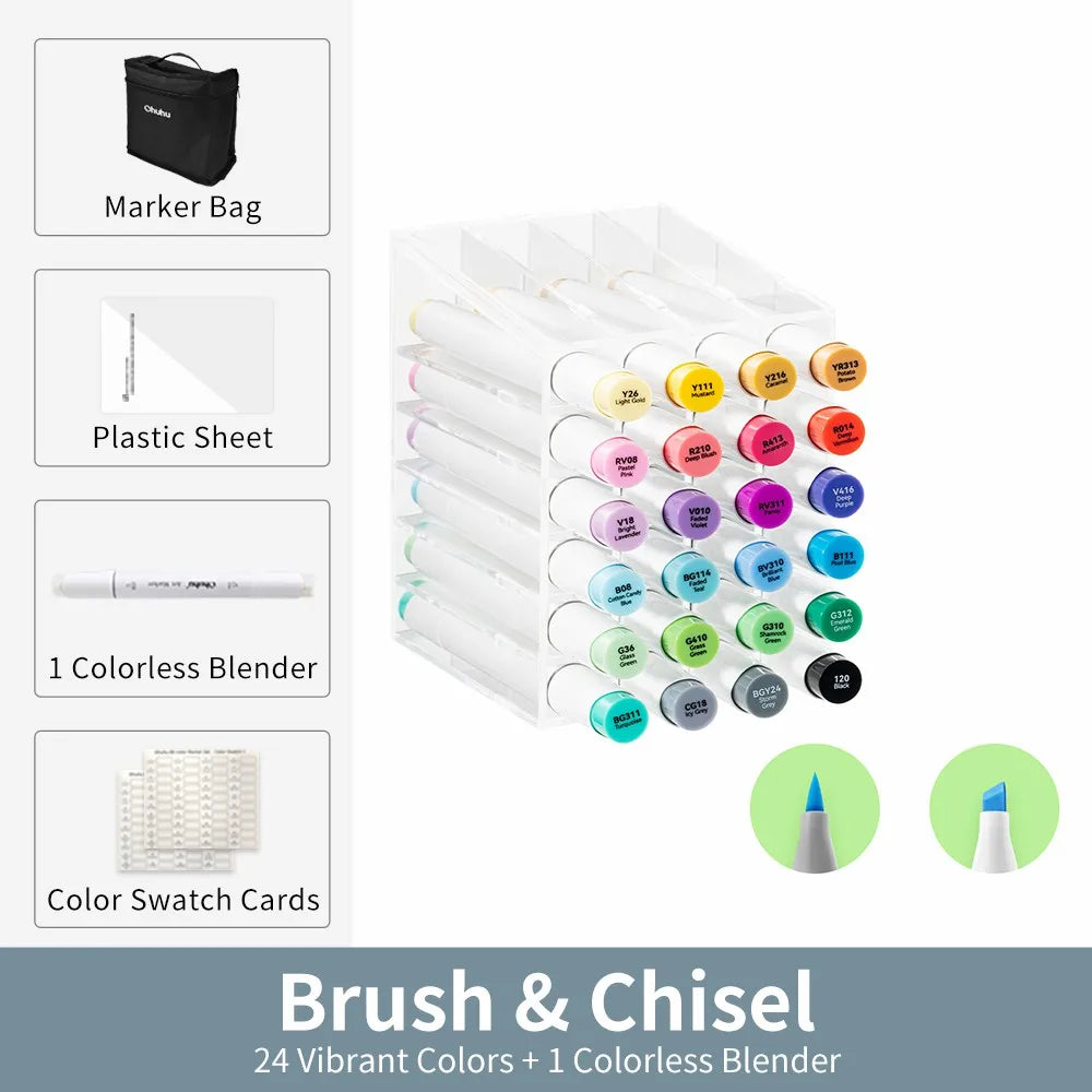 Ohuhu Honolulu 24 Colors Marker Pen Set Alcohol Art Markers Refillable Dual Tips Sketching Drawing Manga School Art Supplies