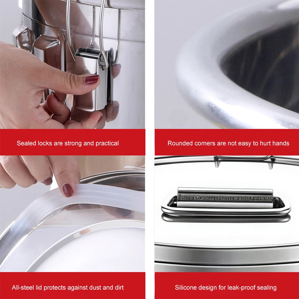 6/12/21/33L 304 Stainless Steel Airtight Canister with Locking Clamp for Rice Grain Oil Sugar Storage Bucket Kitchen Container