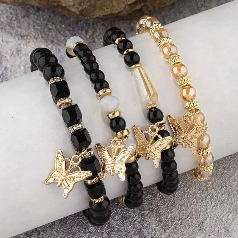4Pcs Bohemian Butterfly Charm Bracelet Set For Women Crystal Beads Chain Bangle Female Fashion Party Jewelry Gift