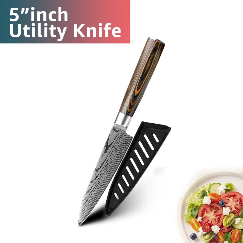 Kitchen Knife Chef Knives Japanese 7CR17 440C High Carbon Stainless Steel Imitation Damascus Sanding Laser Knife