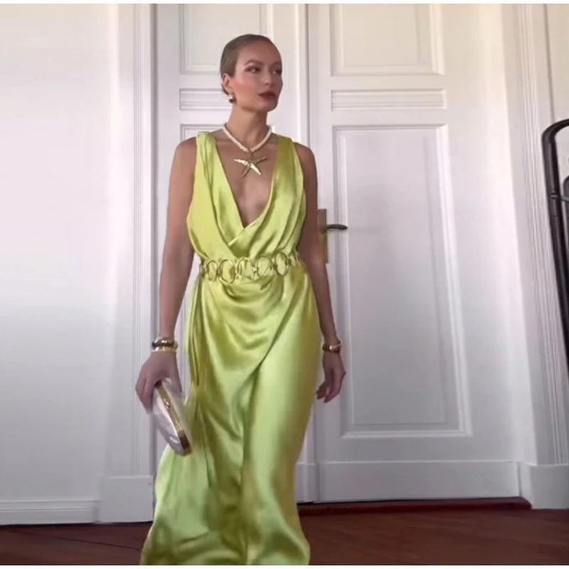 Elegant Pleated Backless Split Long Dress Women Sleeveless High Waist Green 2025 Summer New Holiday Party Dresses Street Robe