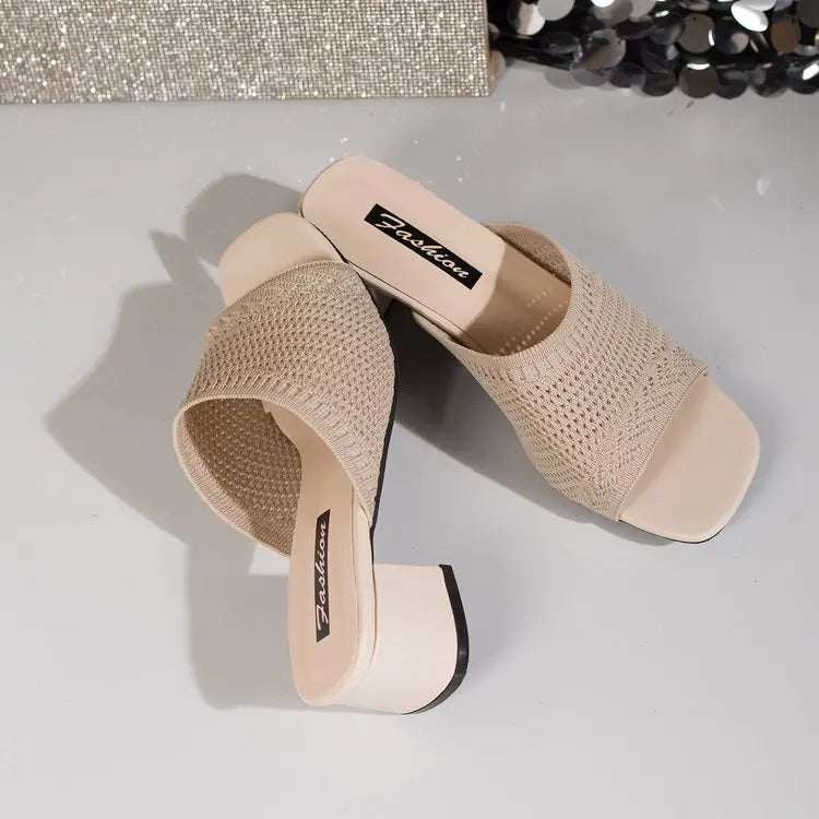 Summer Plus Size High Heel party Sandals Knitted Breathable Block Heel Sandals Fashion casual Brown Comfortable Women's Shoes