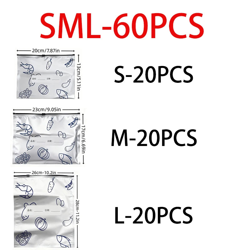 60pcs Aluminum Foil Food Sealable Storage Bags, Freezer Bags, Up Sealable Bags with Label And Zip Lock, Zip Seal Food Bags