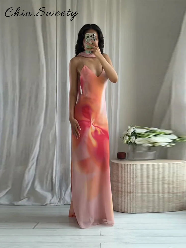 Elegant Tie Dye Printed Long Dress Women Ribbon V-neck Sleeveless Slim Sling Dresses 2025 Summer Lady Chic Beach Vacation Robes