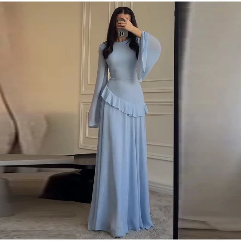 Fashion Flare Sleeve Ruff Long Dress Women Solid O-neck High Waist Slim Pleated Maxi Dresses 2025 Lady Summer Chic Party Robes