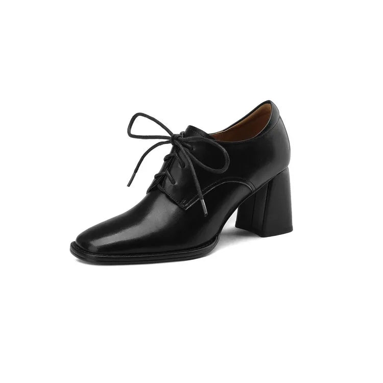 NEW Spring/Autumn Women Loafers Square Toe High heels Split Leather Chunky Heel Pumps Women Plus Size Retro Lace Up Black Shoes