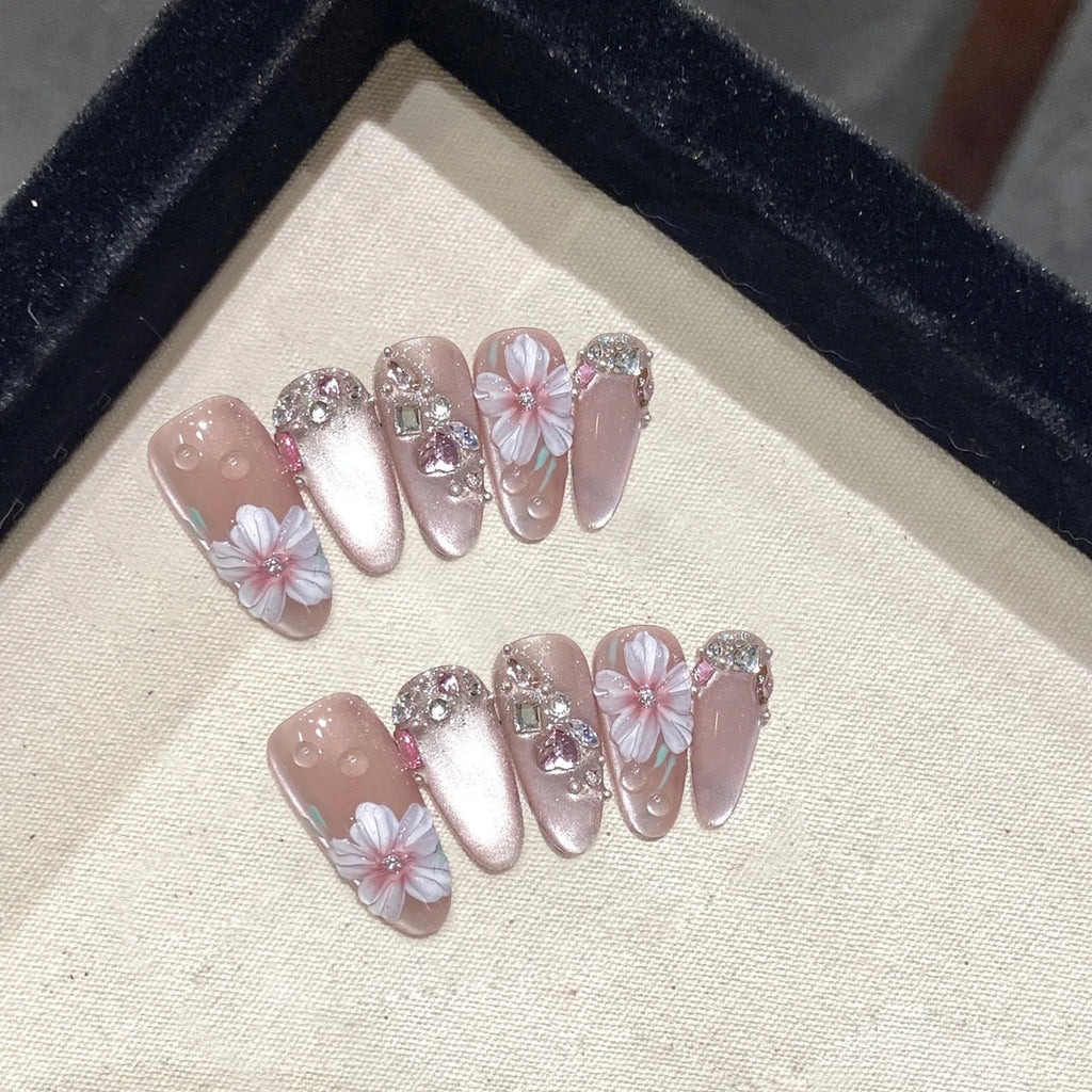 10pcs French Almond Press on Nails Flower False Nails Wearable Stick-on Nails Fake Nail Uñas Postizas Mujer Накладные Ногти 네일팁
