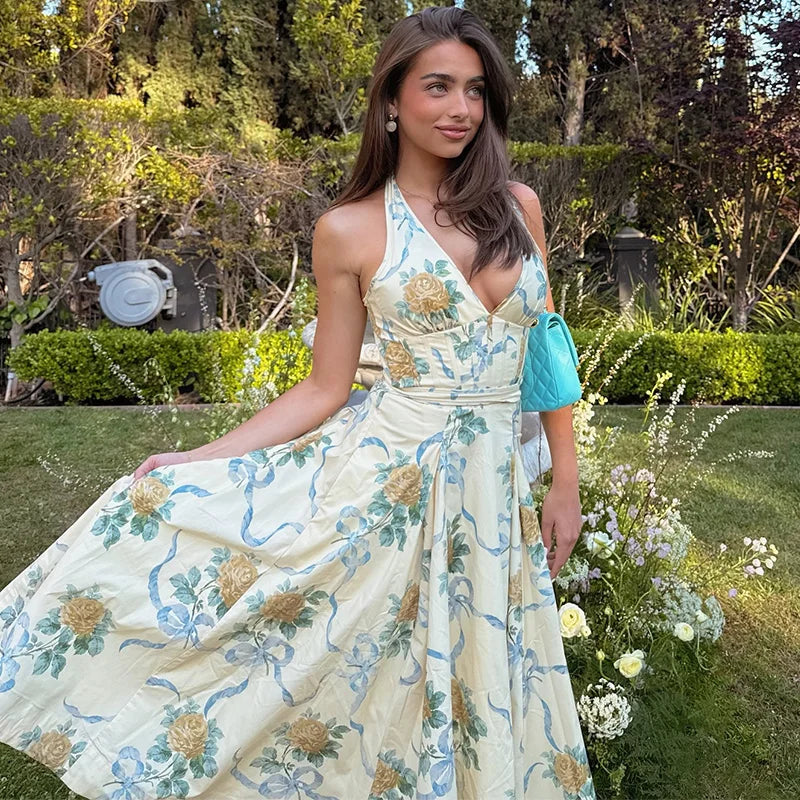 Elegant Print Halter Long Dress Women Sleeveless Backless Pleated A-line Holiday Dresses 2025 Summer Lady Slim Floral Beach Robe