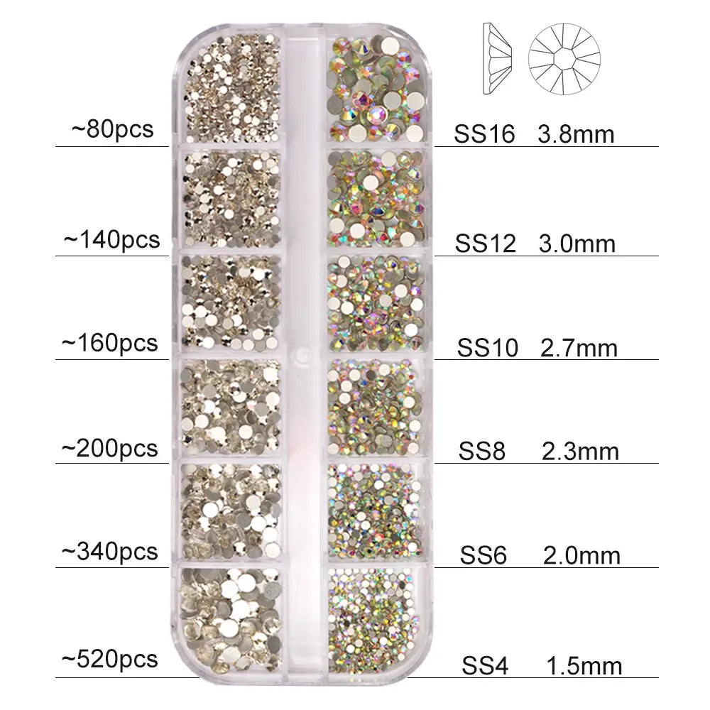 12 Grids Multi Sizes Clear Crystal AB Nail Rhinestones Set DIY Nail Art Decoration Diamonds with Tools Nails Accessories