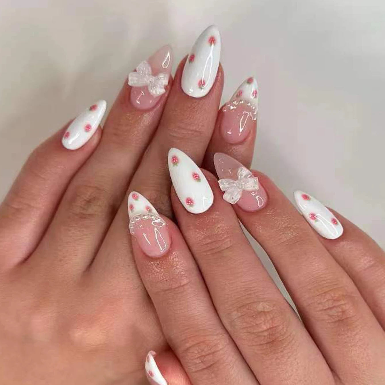 24PCS- Long coffin shaped fake nails, pink three-dimensional butterfly, pink flower decoration, suitable for dating, dinner