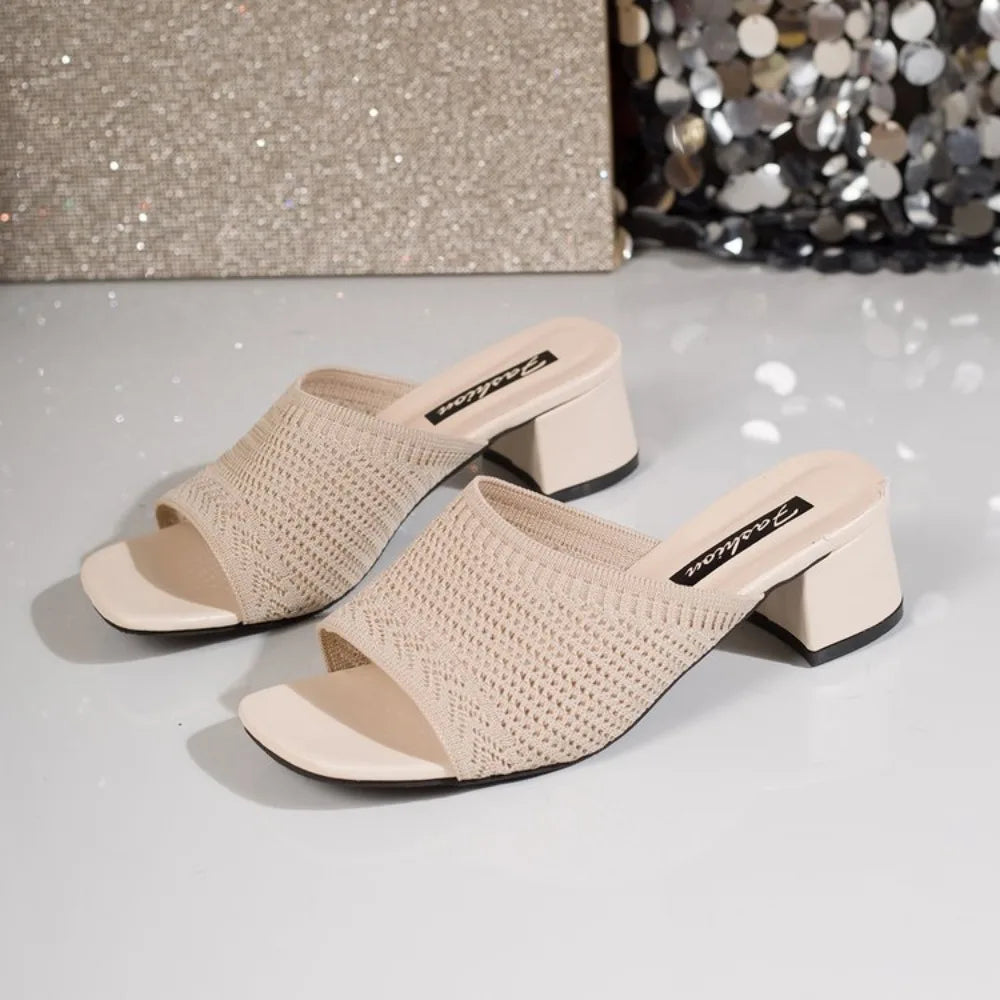 Summer Plus Size High Heel party Sandals Knitted Breathable Block Heel Sandals Fashion casual Brown Comfortable Women's Shoes