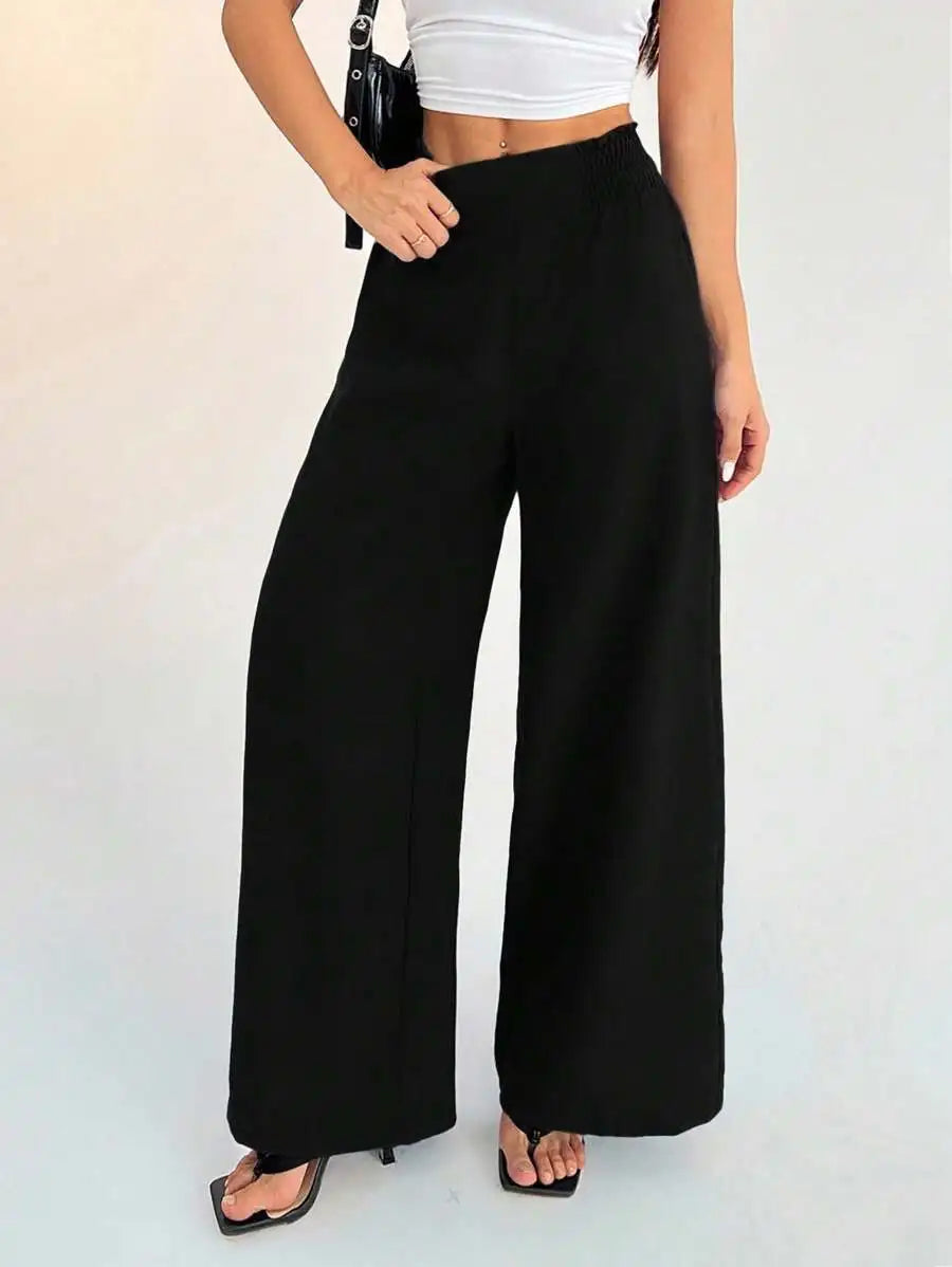 Cross-Border Women's Wide Leg Pants Elastic Pure Color Loose Fit Trousers Fresh Sweet Style Polyester Fabric Casual Pants