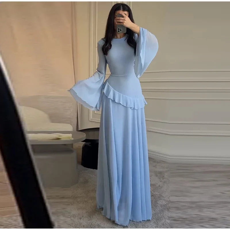 Fashion Flare Sleeve Ruff Long Dress Women Solid O-neck High Waist Slim Pleated Maxi Dresses 2025 Lady Summer Chic Party Robes