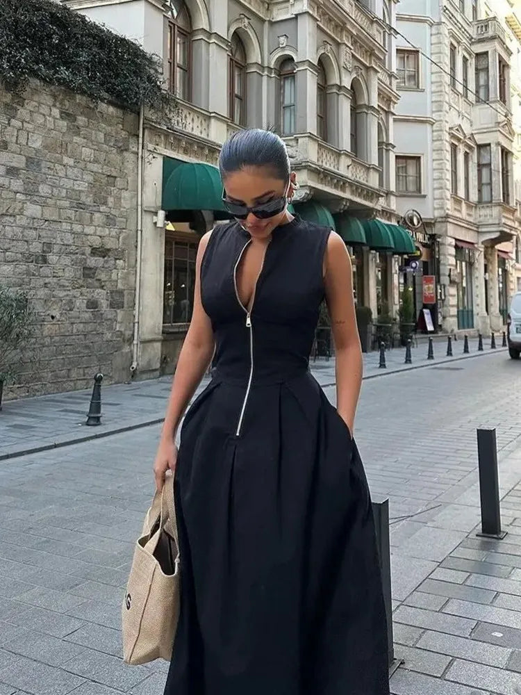 Fashion Sleeveless Spliced Zipper Long Dress Elegant V-neck High Waist Slim Pleated Maxi Dresses Summer Office Lady Street Robes