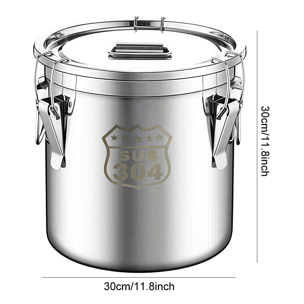 6/12/21/33L 304 Stainless Steel Airtight Canister with Locking Clamp for Rice Grain Oil Sugar Storage Bucket Kitchen Container