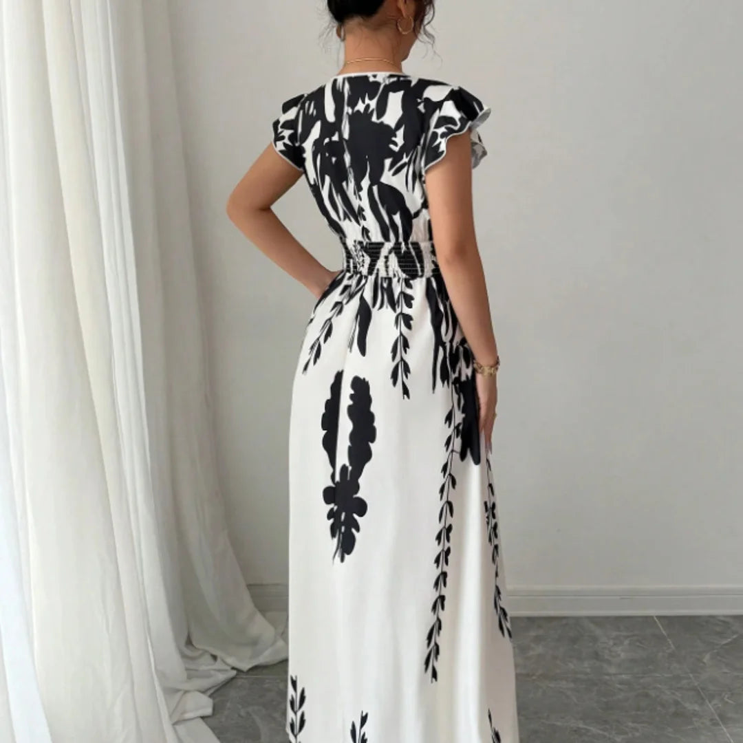 Plus Size Black White Floral Print Maxi Dress Women V-Neck Ruffle Sleeve Smocked Waist Slit Dress