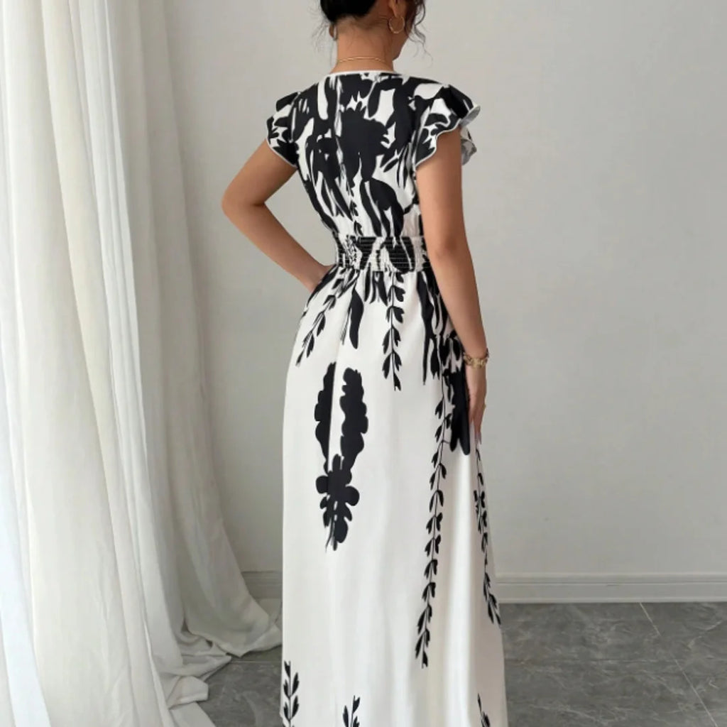Plus Size Black White Floral Print Maxi Dress Women V-Neck Ruffle Sleeve Smocked Waist Slit Dress