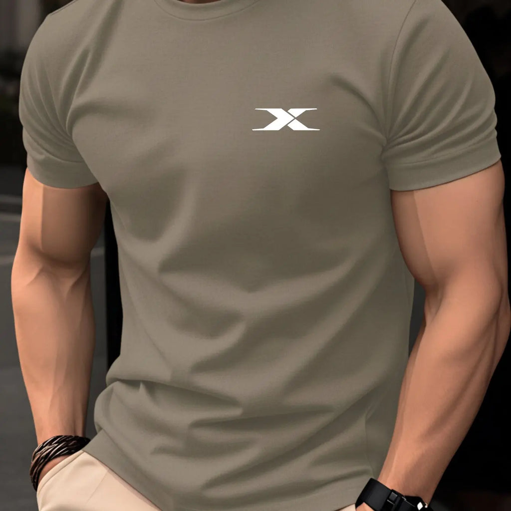 Men White T-Shirt Minimalist X Logo Print, Casual O-Neck Short Sleeve Tees, Streetwear Slim Fit Cotton Tops For Men Daily Summer
