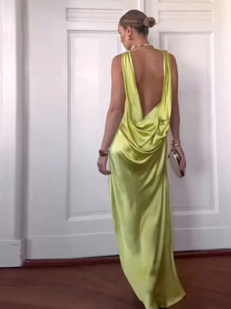 Elegant Pleated Backless Split Long Dress Women Sleeveless High Waist Green 2025 Summer New Holiday Party Dresses Street Robe