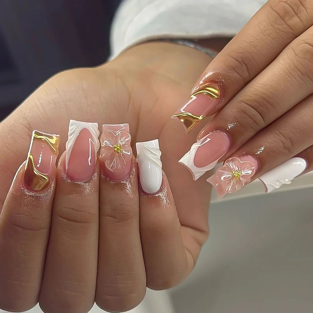 24Pcs Retro Flower Long Coffin French Fake Nails Caviar Bead Floral Gold Hollow Design Press On Nail Tips Y2k Acrylic 2030